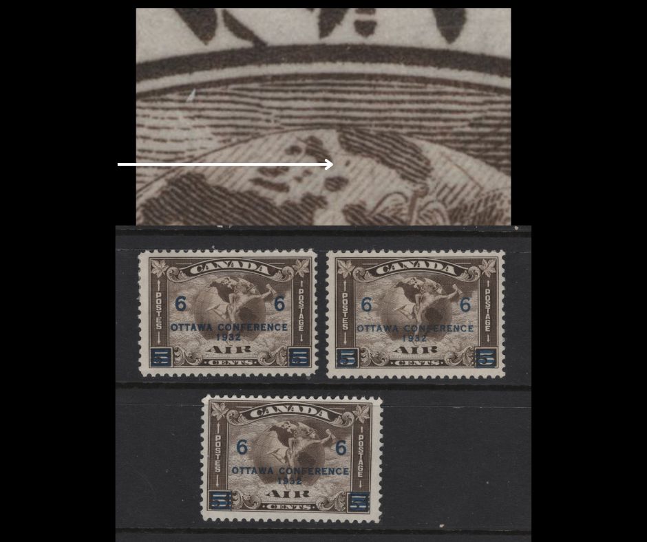 Lot 275 Canada #C4 6c on 5c Light Olive Brown Mercury With Scroll & Globe, 1932 Airmail Issue, 3 FOG Singles, Paper BABN-EE, Perf 10.8, Showing Extra Island Between Greenland & Baffin Island.