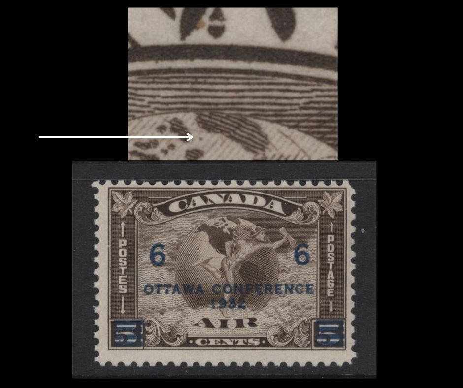 Canada #C4 6c on 5c Olive Brown Mercury With Scroll & Globe, 1932 Airmail Issue, A FNH Single, Paper BABN-EE, Showing Extra Island Between Greenland & Baffin Island