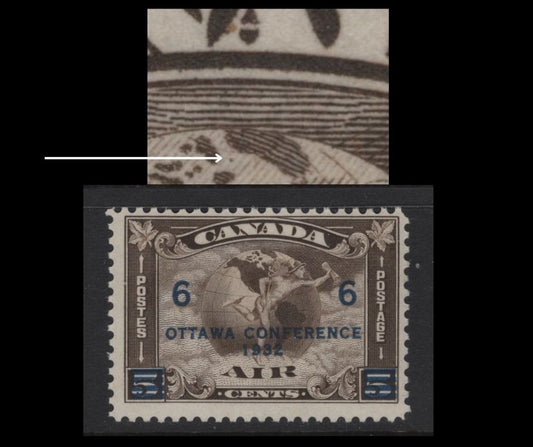 Lot 278 Canada #C4 6c on 5c Olive Brown Mercury With Scroll & Globe, 1932 Airmail Issue, A FNH Single, Paper BABN-EE, Showing Extra Island Between Greenland & Baffin Island