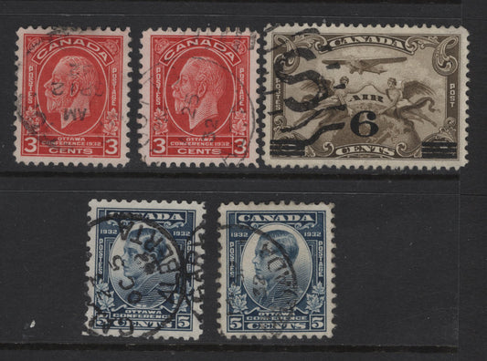 Lot 279 Canada #192-193, C3 3c - 6c on5c Bright Scarlet - Olive Brown King George V - Winged Figures & Globe, 1932 Imperial Economic Conference - Airmail Issues, 5 Very Fine Used Singles