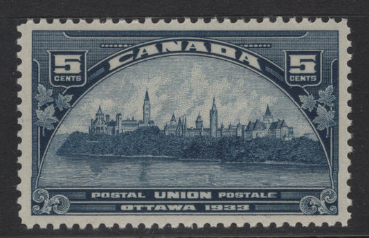 Lot 282 Canada #202var 5c Dull Blue Parliament Buildings, 1933 UPU Meeting Issue, A VFJOG Single, Paper BABN-X, Perf 10.85x10.8, Balanced Jumbo Margins.