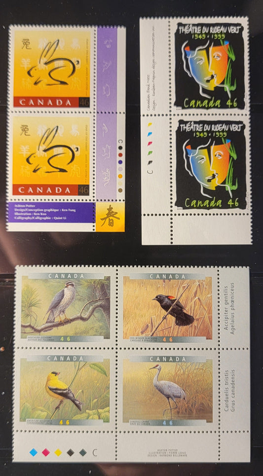 Canada #1767, 1769, 1773a 46c Multicoloured Rabbit & Chinese Characters - Sandhill Crane, 1999 Year Of The Rabbit - Birds Of Canada Issues,