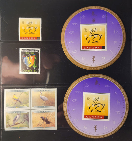 Canada #1767-1773a, 1768i 46c, 95c Multicoloured Rabbit & Chinese Characters - Sandhill Crane, 1999 Year Of The Rabbit - Birds Of Canada Issues,  Including Both Normal & Overprinted Souvenir Sheets