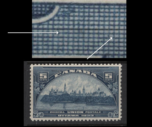 Lot 283 Canada (C)  #202 5c Dull Blue Parliament Buildings, 1933 UPU Meeting Issue, A VFNH Single, Paper BABN-D, Perf 10.9x10.8, Showing Doubling Of Cross Hatching Above Right 5.