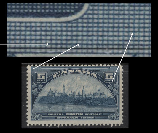 Lot 284 Canada (C)  #202var 5c Dull Prussian Blue Parliament Buildings, 1933 UPU Meeting Issue, A FNH Single, Paper BABN-D, Perf 10.85x10.8, Showing Partial Doubling Of Cross Hatching Above Right 5.