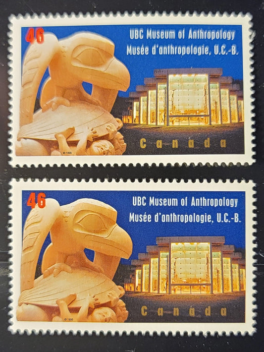 Canada #1778 & var 46c Multicoloured The Raven & Museum Building, 1999 UBC Museum Of Anthropology Issue,  On Smooth Paper, With Normal Ribbed Paper For Comparison
