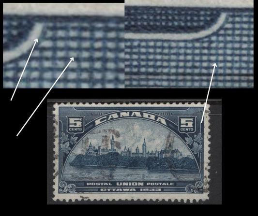 Lot 285 Canada (C)  #202var 5c Deep Blue Parliament Buildings, 1933 UPU Meeting Issue, A Fine Used Single, Paper BABN-EE, Perf 10.85x10.8, Showing Extensive Re-Entry In UR Spandrel.