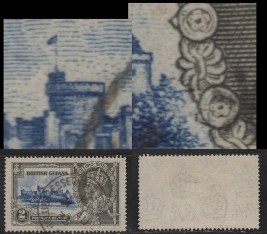 Lot 286 British Guiana SC#223 2c Gray & Ultramarine King George V & Castle, 1935 Silver Jubilee Issue, A Very Fine Used Single, Line From Jacob's Meadow To Medallion, Flag Staff Broken In Two Places, DLR Printing