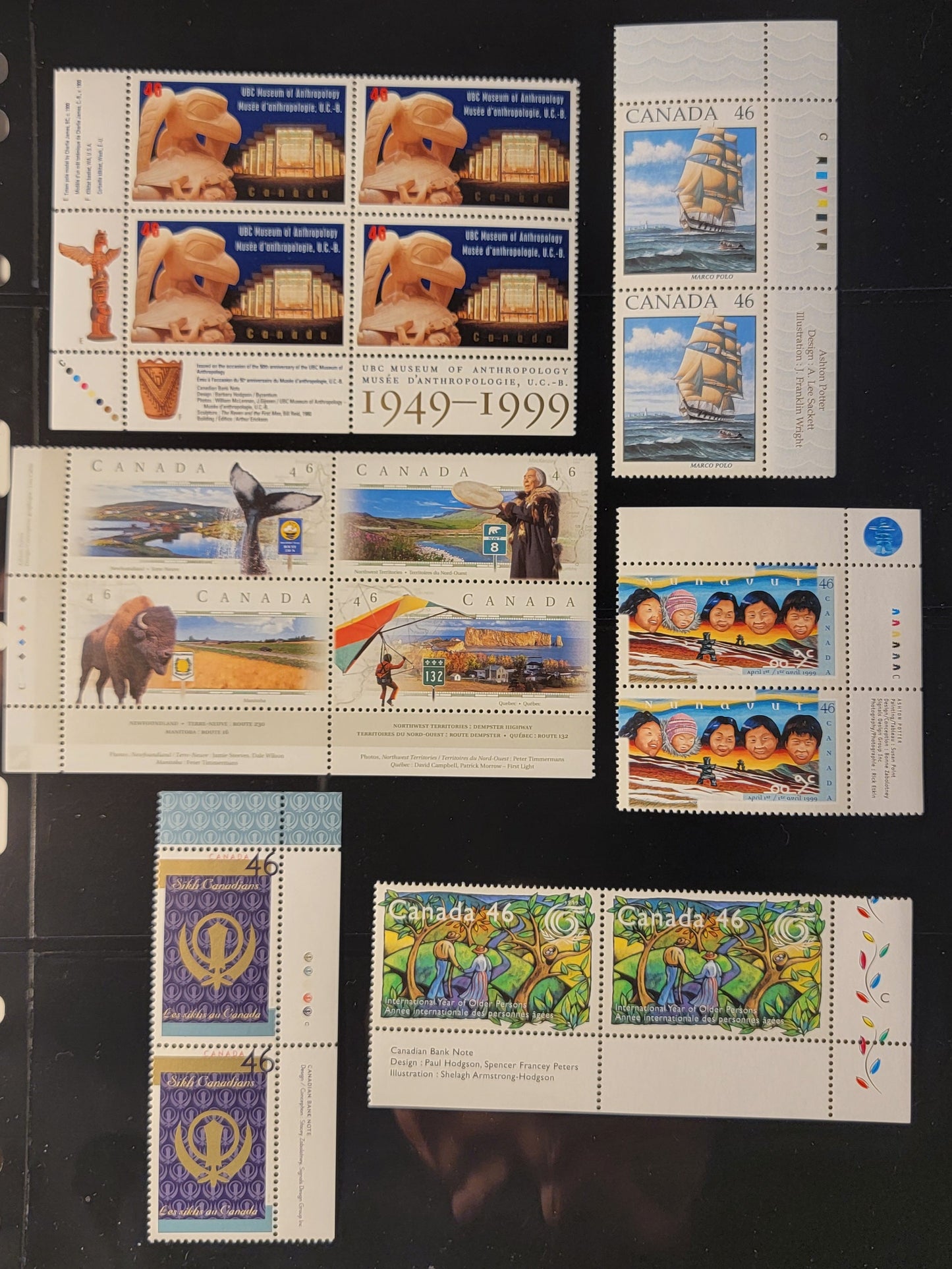 Canada #1778-1786 46c Multicoloured The Raven & Museum Building - Sikh Emblem, 1999 UBC Museum Of Anthropology - Sikh Canadians Issues, 4 VFNH Inscription Pairs & 2 Inscription Blocks