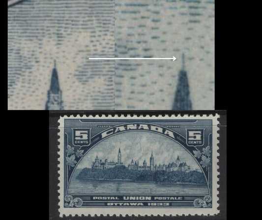 Lot 287 Canada #202var 5c Dull Prussian Blue Parliament Buildings, 1933 UPU Meeting Issue, A FOG Single, Paper BABN-V, Perf 10.85x10.8, Showing Crooked Spire On Center Block Tower.