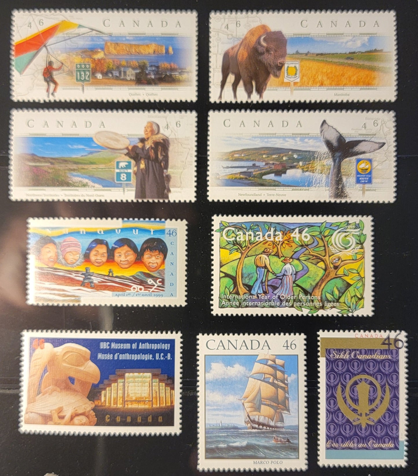 Canada #1778-1786 46c Multicoloured The Raven & Museum Building - Sikh Emblem, 1999 UBC Museum Of Anthropology - Sikh Canadians Issues, 9 VFNH Singles