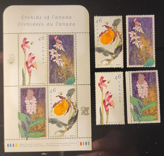 Canada #1787-1790, 1790b 46c Multicoloured Dragon's Mouth - Greater Yellow Lady's Slipper, 1999 Canadian Orchids Issue, 4 VFNH Singles & Souvenir Sheet