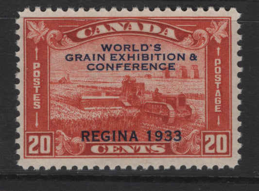 Lot 293 Canada #203 20c Vermillion Harvesting Wheat, 1933 Grain Exhibition Issue, A VFOG Single, Paper BABN-U, Perf 10.9x10.8