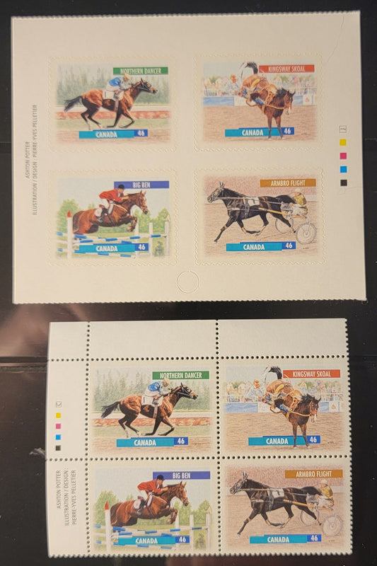 Canada #1794a, 1798a 46c Multicoloured Northern Dancer - Armbro Flight, 1999 Canadian Horses Issue, A VFNH Inscription Block & Inscription Booklet Pane From Sheet & Booklet