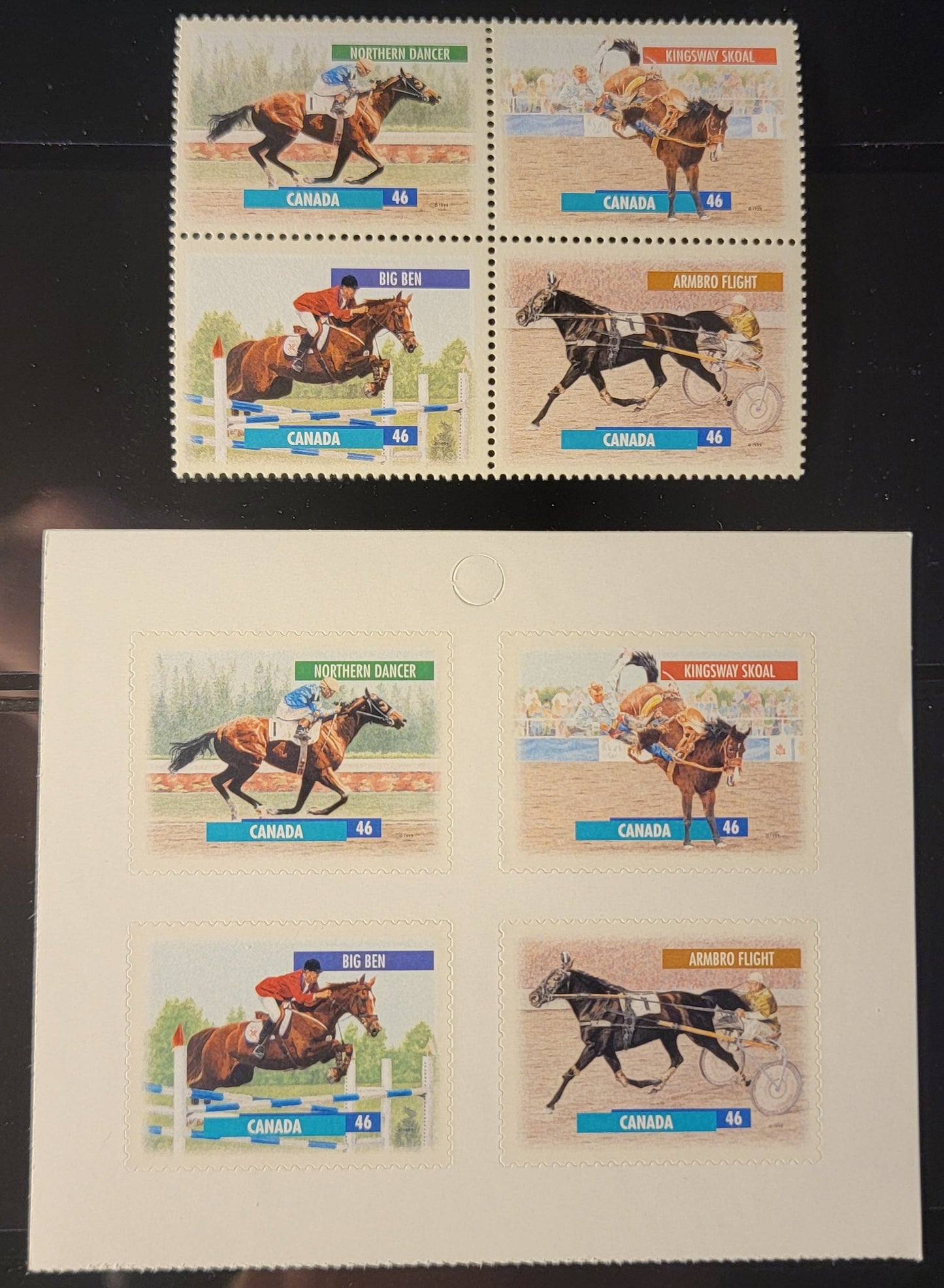 Canada #1794a, 1798a 46c Multicoloured Northern Dancer - Armbro Flight, 1999 Canadian Horses Issue, A VFNH  Block Of 4 & Booklet Pane From Sheet & Booklet