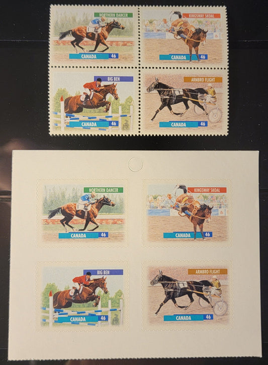 Canada #1794a, 1798a 46c Multicoloured Northern Dancer - Armbro Flight, 1999 Canadian Horses Issue, A VFNH  Block Of 4 & Booklet Pane From Sheet & Booklet