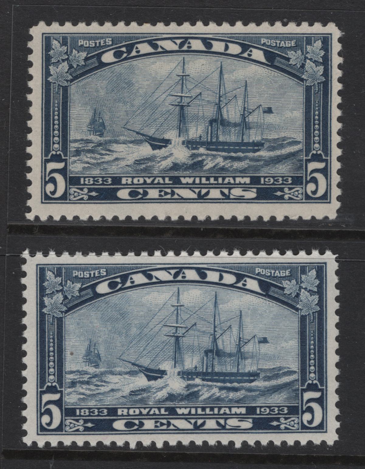Canada (C)  #204 5c Dull Blue & Dull Prussian Blue Royal William, 1933 Royal William Issue, 2 VFOG Singles, Paper BABN-D