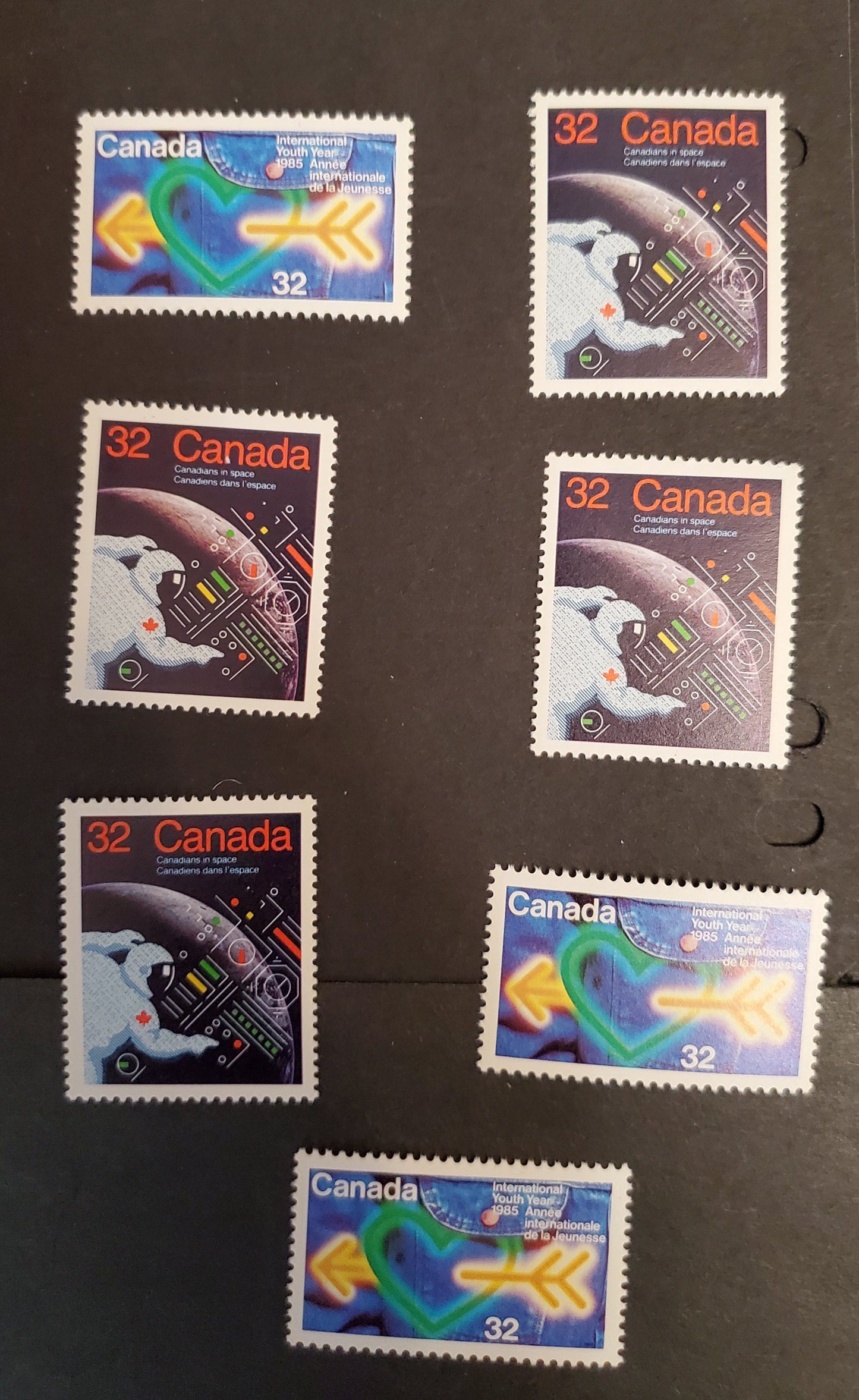 Canada #1045-1046 32c Multicoloured Heart & Arrow On Jeans, Astronaut & Control Panel, 1985 International Youth Year & Canadians In Space Issues, 7 VFNH Singles DF2/DF2, DF1/DF2, DF1/DF1, LF3/DF2 & DF2/LF3 Harrison Papers