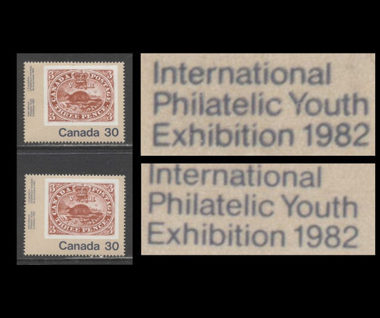 Lot 302 Canada #909var 30c Multicoloured Threepenny Beaver , 1982 Canada '82 Issue, 2 VFNH Singles , With Slip Print Minor Doubling of Grey Blue Inscription, DF1/DF2-fl Paper, With Normal to Compare