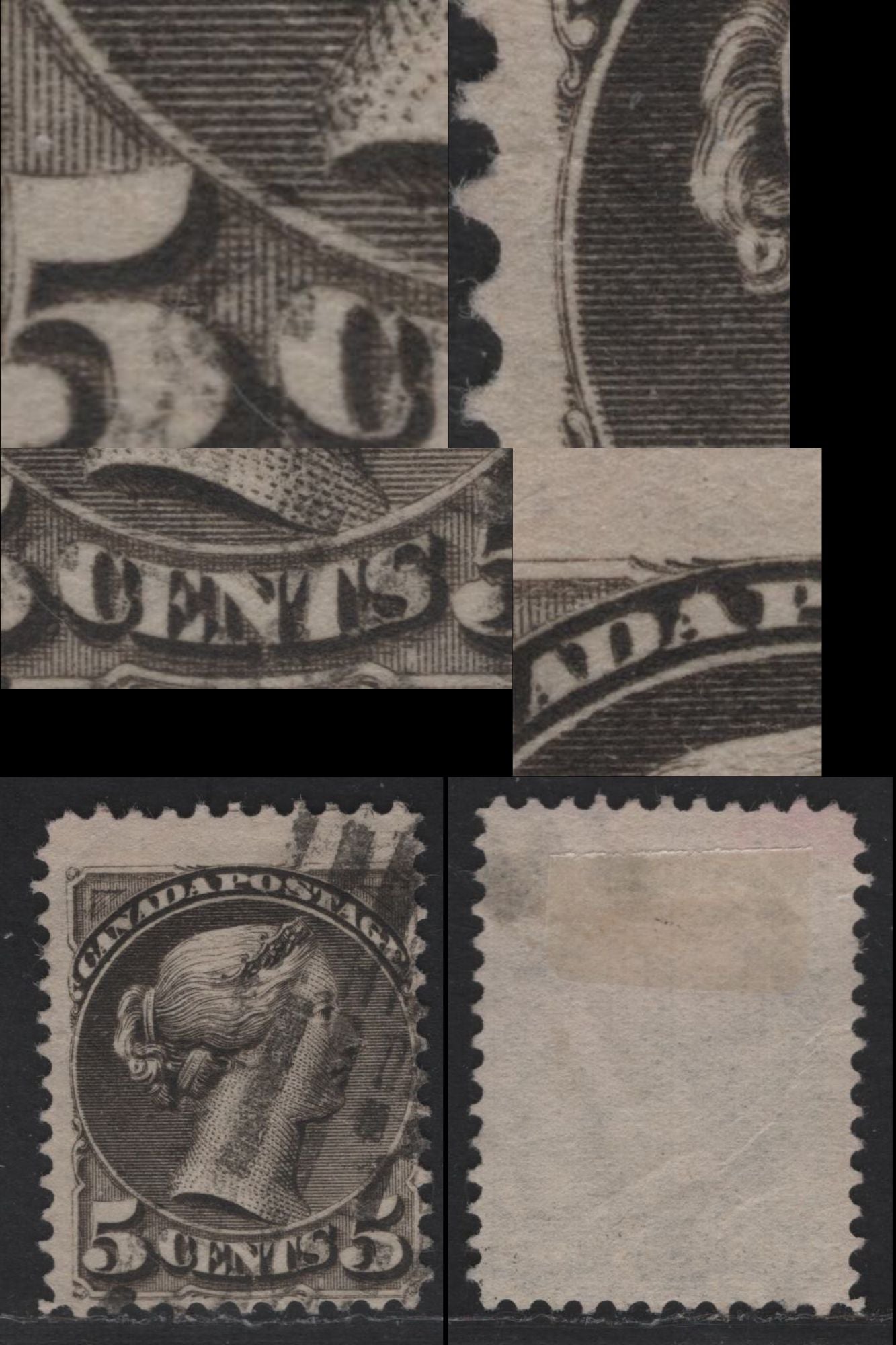 Lot 302 Canada SC#42viii 5c Violet Gray Queen Victoria, 1870-1893 Small Queen Issue, A Very Good Used Single, Late 2nd Ottawa Printing, 2O-M Paper, Perf 12.1, Tribles Major Re-Entry From Pos. 196 of Plate 1