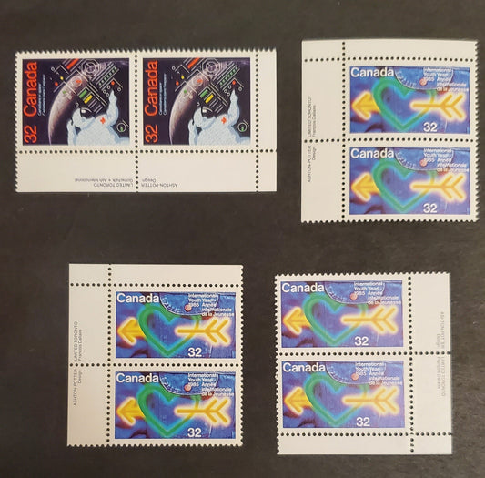 Canada #1045-1046 32c Multicoloured Heart & Arrow On Jeans, Astronaut & Control Panel, 1985 International Youth Year & Canadians In Space Issues, 4 VFNH Inscription Pairs DF2/DF2, DF1/DF2, DF1/DF1 Harrison Papers