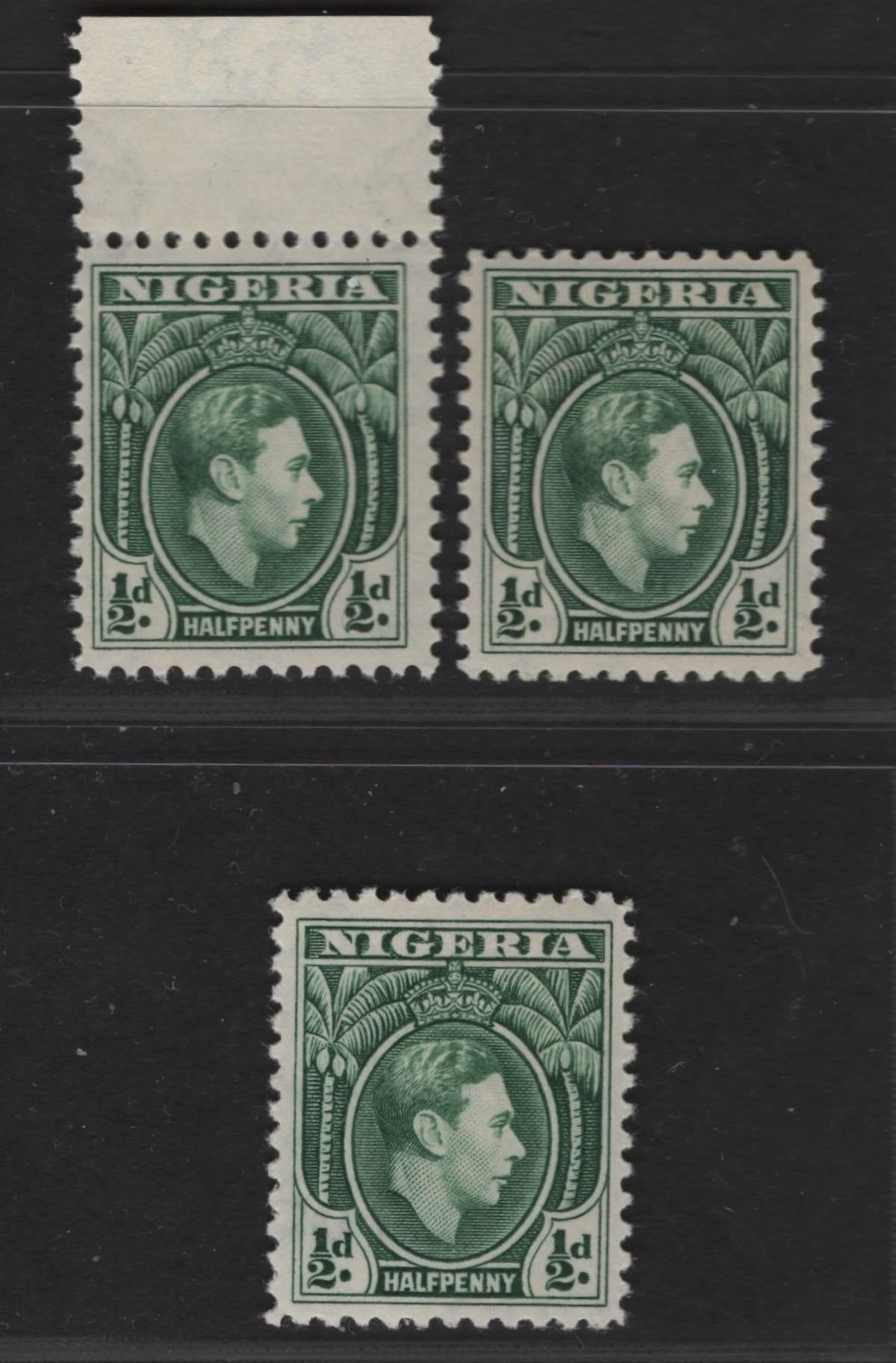 Nigeria #53var (SG#49var) 1/2d Dark Green King George VI, 1938-1952 King George VI Definitive Issue, 3 FNH & VFOG Singles, Line Perf 12, 1938 Printings, Slightly Different Shades