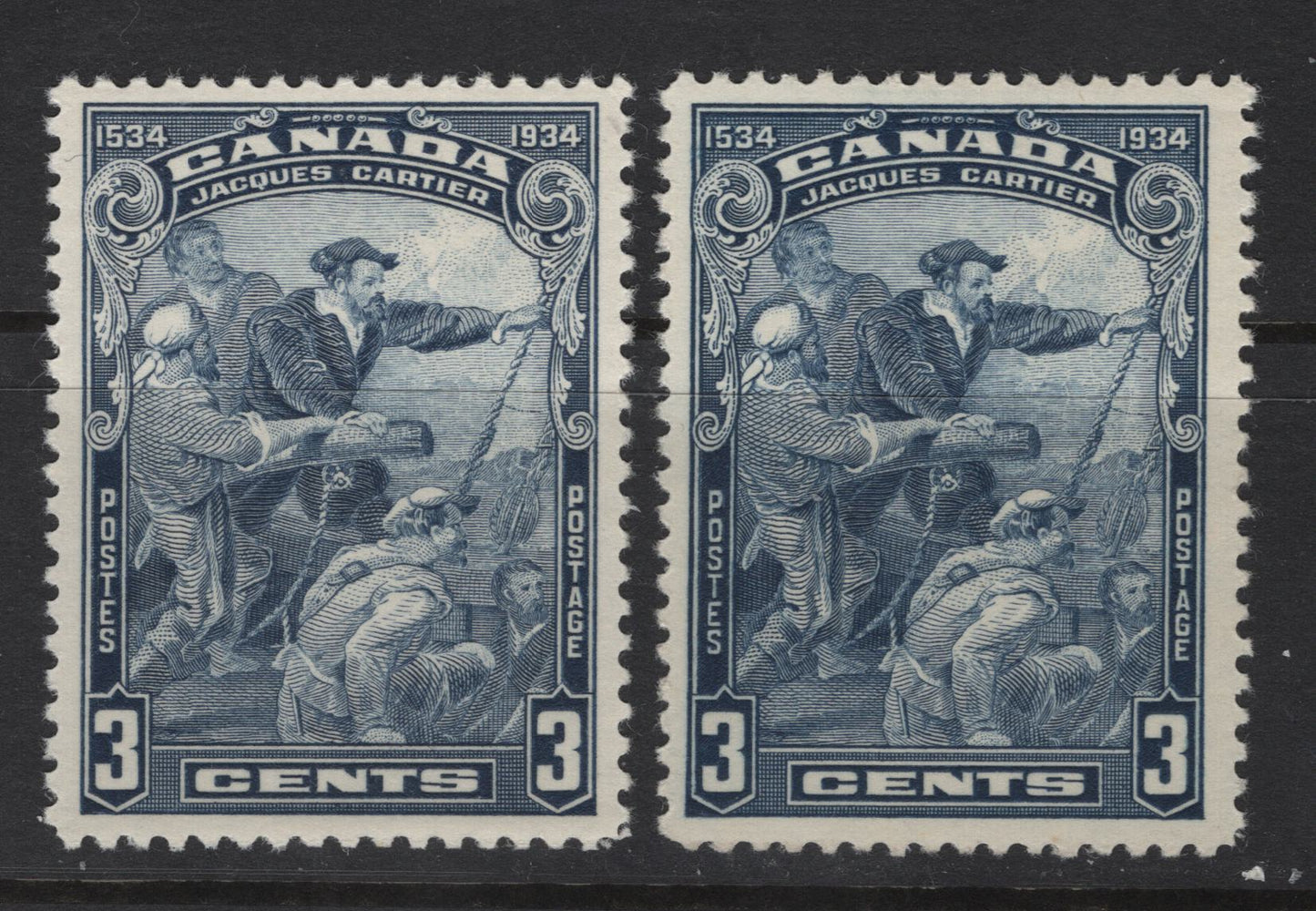 Lot 305 Canada (C)  #208 3c Dull Blue - Blue Jacques Cartier, 1934 Jacques Cartier Issue, 2 VFOG Singles, Paper BABN-FF