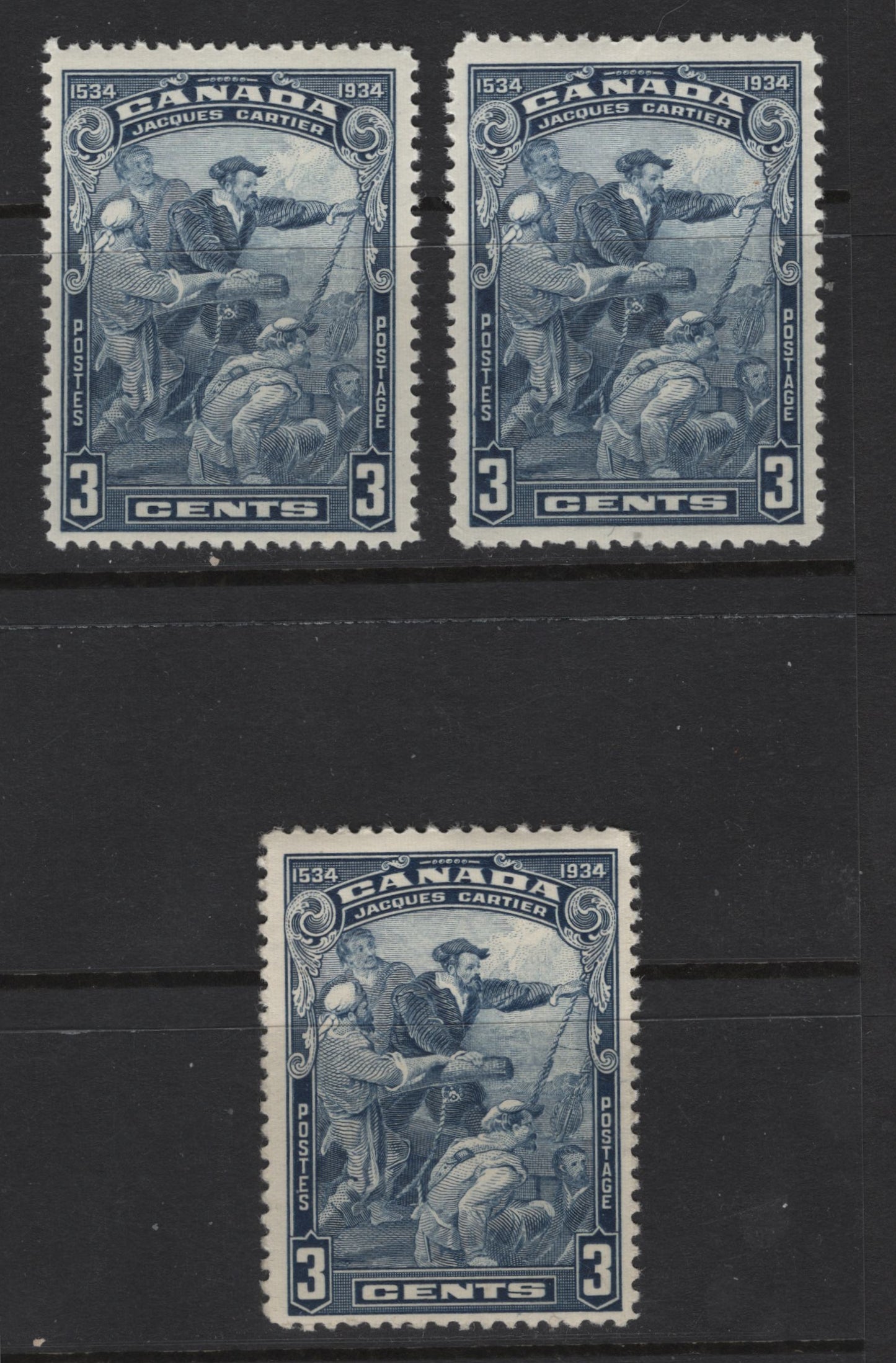 Lot 307 Canada #208 3c Blue Jacques Cartier, 1934 Jacques Cartier Issue, 3 FNH Singles, Papers BABN-FF, BABN-GG & BABN-HH
