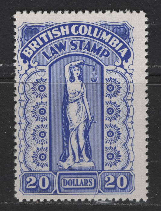 Lot 307 Canada - Province Of British Columbia #BCL58 $20 Blue Justice, 1958-1970 Eleventh Law Series, A Fine NH Single