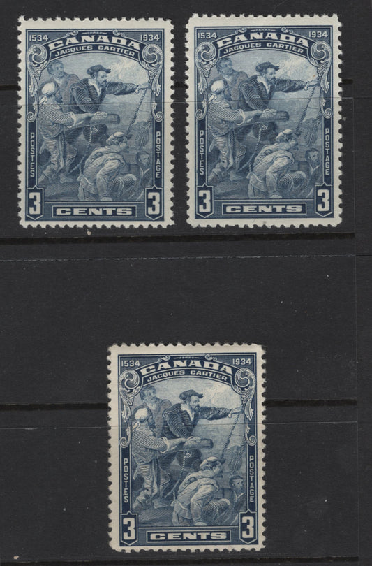 Canada #208 3c Blue Jacques Cartier, 1934 Jacques Cartier Issue, 3 FNH Singles, Papers BABN-FF, BABN-GG & BABN-HH