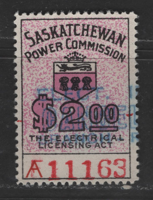 Lot 308 Canada - Province Of Saskatchewan #SE25var $2 Mauve & Black Numeral & Arms, 1937-1947 Saskatchewan Power Commission Issue, A VF Used Single With 4 mm Control Number And Unlisted "F" Over "A" Variety