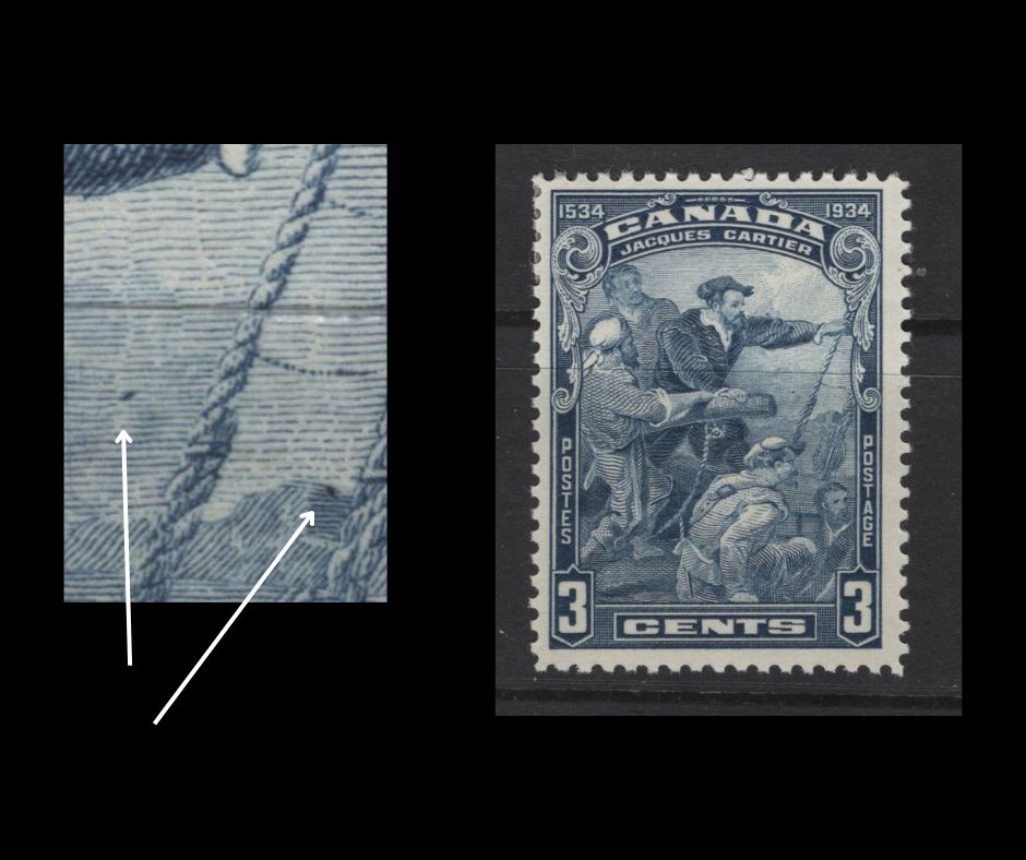 Lot 308 Canada #208 3c Blue Jacques Cartier, 1934 Jacques Cartier Issue, A FOG Single, Paper BABN-FF, Perf 10.9x10.8, Showing Cannonball In Air & On Mountain Variety, Unlisted In Unitrade.