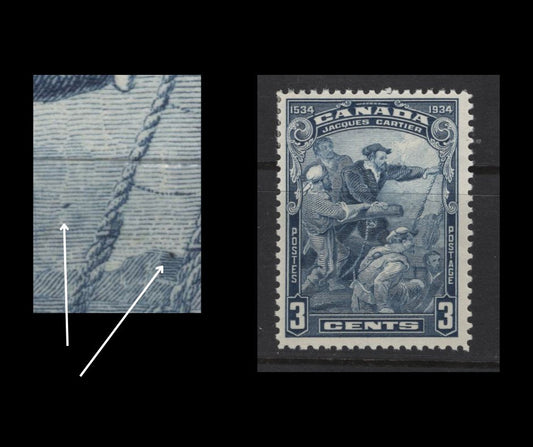 Lot 308 Canada #208 3c Blue Jacques Cartier, 1934 Jacques Cartier Issue, A FOG Single, Paper BABN-FF, Perf 10.9x10.8, Showing Cannonball In Air & On Mountain Variety, Unlisted In Unitrade.