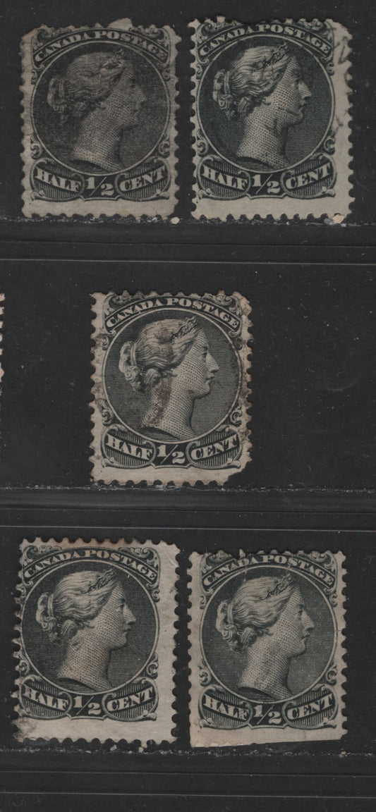 Lot 312 Canada #21, 21a, 21c 1/2c Black Queen Victoria, 1868-1897 Large Queen Issue, 5 Ungraded Used Singles On Duckworth Papers 2, 10 and 6 (Bothwell) Plus Both Perf. 12 & 11.75 x 12 On Small Queen Paper, All Faulty, Useful For Reference