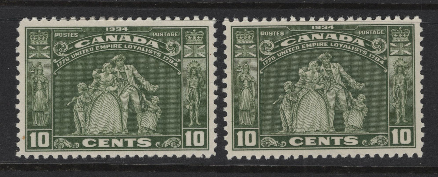 Lot 313 Canada (C)  #209 10c Olive Green & Lighter Bronze Green Loyalists Statue, 1934 Loyalists Issue, 2 VFOG Singles, Paper BABN-II, Perf 10.85x10.8
