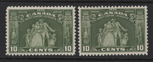 Canada (C)  #209 10c Olive Green & Lighter Bronze Green Loyalists Statue, 1934 Loyalists Issue, 2 VFOG Singles, Paper BABN-II, Perf 10.85x10.8