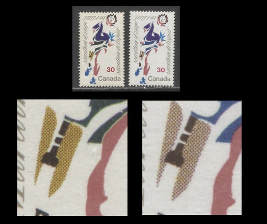 Lot 314 Canada #915var 30c Multicoloured Terry Fox, 1982 Terry Fox Issue, 2 VFNH Singles, Missing Yellow on Prosthetic With Normal to Compare, LF/LF and DF/LF Papers