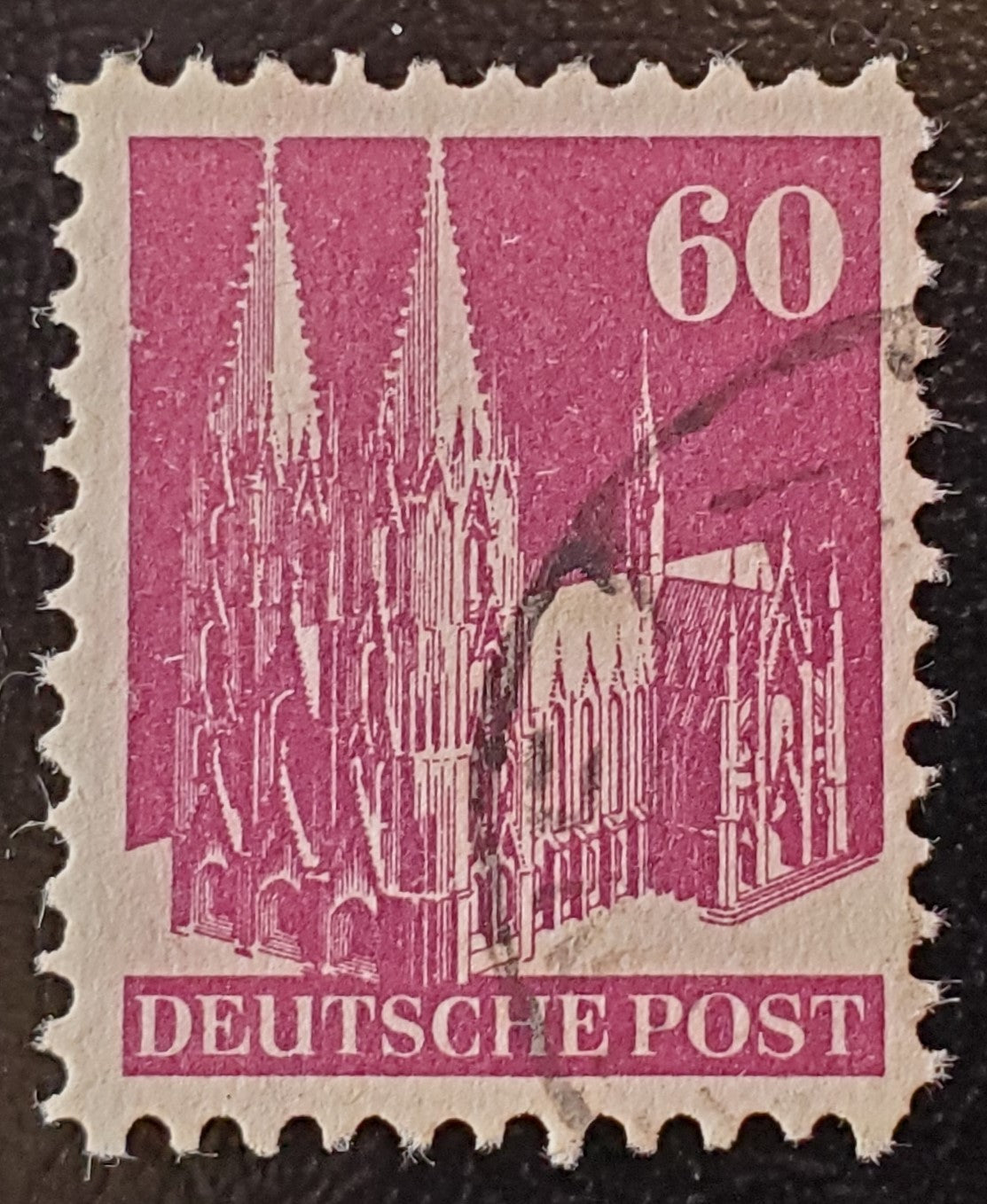 Germany - American and British Zone MI#93IXD (654var) 1948-1951 Buildings Issue, 60pf Violet Brown Type 1,  Line Perf 11 x 11.5, Wmk X, A VF Used Single, 2023 Michel Cat. € 9