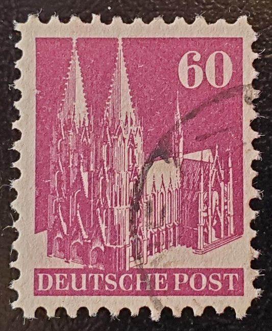 Lot 315 Germany - American and British Zone MI#93IXD (654var) 1948-1951 Buildings Issue, 60pf Violet Brown Type 1,  Line Perf 11 x 11.5, Wmk X, A VF Used Single, 2023 Michel Cat. € 9