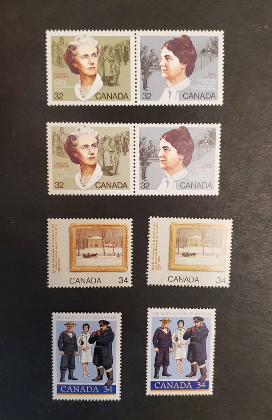 Canada #1048a, 1075-1076 32c Therese Casgrain & Emily Murphy, Naval Personnel & The Old Holton House, 1985 Canadian Feminists, Navy & Montreal Museum of Fine Arts Issues, 4 VFNH Singles & 2 Pairs DF2/DF1 Harrison Papers, Different Shades