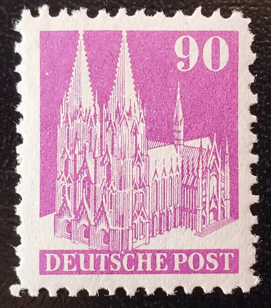 Lot 316 Germany - American and British Zone MI#96IIIWB (657var) 1948-1951 Buildings Issue, 90pf Rose Lilac Type 3,  Line Perf 11, Wmk W, A VFNH Single, 2023 Michel Cat. € 6