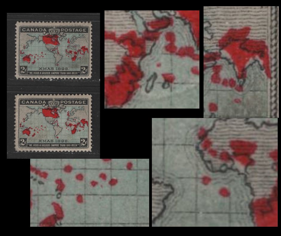 Lot 316 Canada #86 2c Greenish Blue, Black & Deep Red Mercator's Projection, 1898 Imperial Penny Postage, 2 Fine Regummed Singles One Stamp With Significant Upward Shift Of Red & Extra Islands