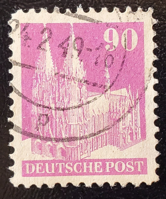 Lot 317 Germany - American and British Zone MI#96IIWC (657var) 1948-1951 Buildings Issue, 90pf Rose Lilac Type 2,  Line Perf 11.5, Wmk W, A VF Used Single, 2023 Michel Cat. € 6