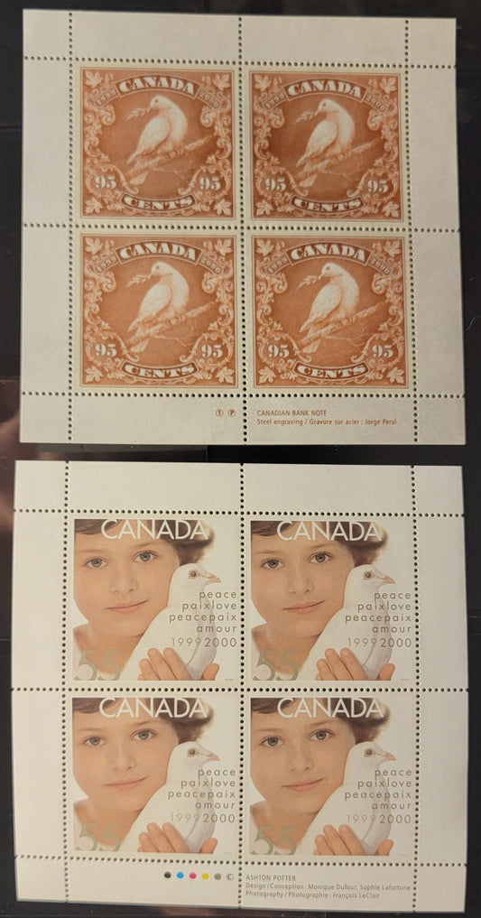 Canada #1813-1814 55c-95c Multicoloured Child & Dove Of Peace & Dove Of Peace On Branch, 1999 Millennium Issue, 2 VFNH Souvenir Sheets Of 4
