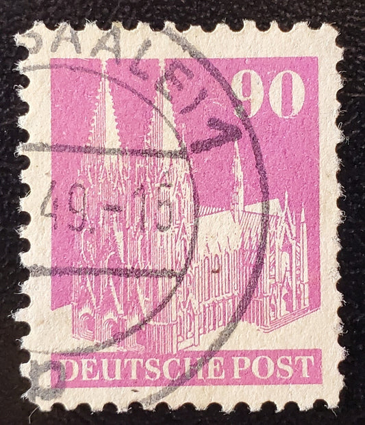 Lot 318 Germany - American and British Zone MI#96IIXE (657var) 1948-1951 Buildings Issue, 90pf Rose Lilac Type 2,  Line Perf 11.5 x 11, Wmk X, A VG Used Single, 2023 Michel Cat. € 25, Net. Est. $6