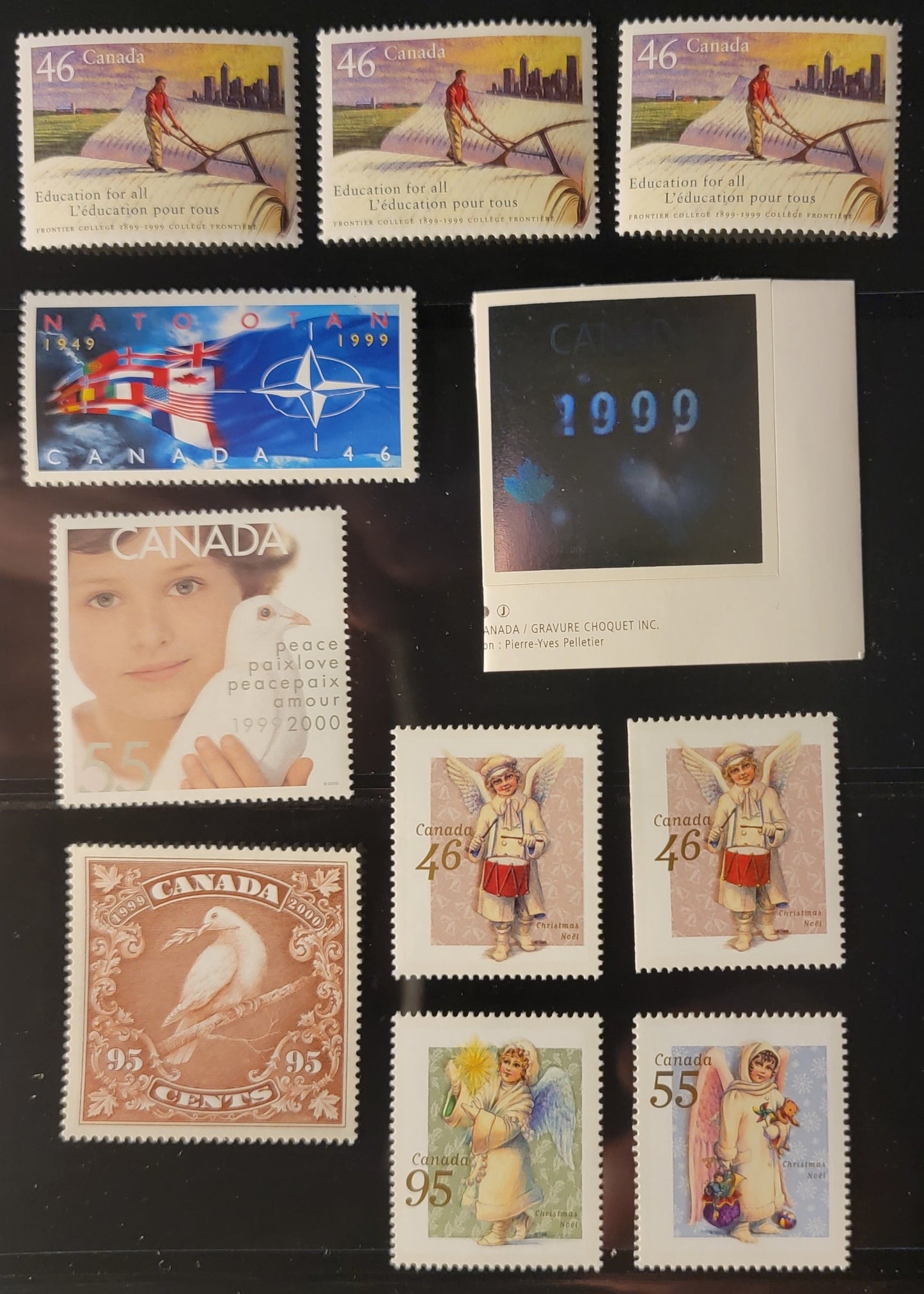 Canada #1809-1810, 1810ii-iii, 1812-1814, 1815-1817 46c-95c Multicoloured NATO Emblem & Flags - Angel With Candle, 1999 50th Anniversary Of NATO - Christmas Issues, 11 VFNH Singles