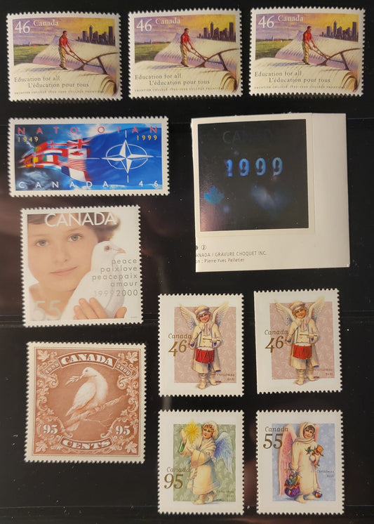 Canada #1809-1810, 1810ii-iii, 1812-1814, 1815-1817 46c-95c Multicoloured NATO Emblem & Flags - Angel With Candle, 1999 50th Anniversary Of NATO - Christmas Issues, 11 VFNH Singles