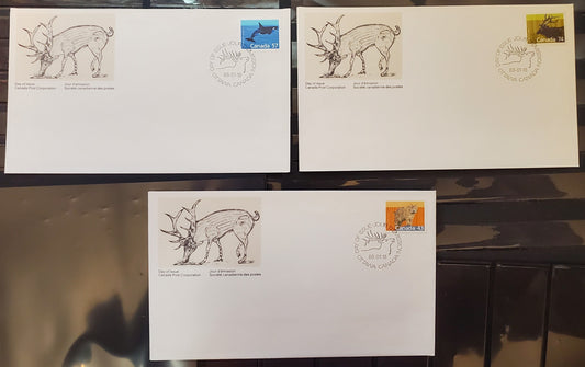 Canada #1170, 1173, 1177 43c, 57c, 74c Multicoloured Lynx, Killer Whale & Wapiti, 1987-1991 Mammal & Architecture Issue, 3 VF  First Day Covers LF Cream Envelopes