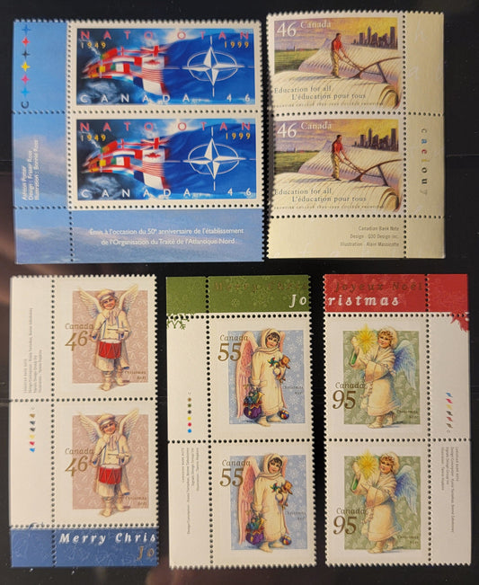 Canada #1809-1810, 1815-1817 46c-95c Multicoloured NATO Emblem & Flags - Angel With Candle, 1999 50th Anniversary Of NATO - Christmas Issues, 5 VFNH Inscription Pairs