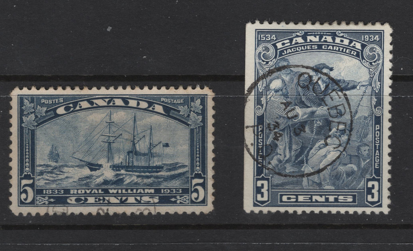 Lot 320 Canada #204, 208 3c - 5c Dull Blue Royal William - Jacques Cartier, 1933-1934 Royal William - Jacques Cartier Issues, 2 Fine Used Singles, Nicely Centered, 208 Has A SON August 3 1934 Quebec CDS